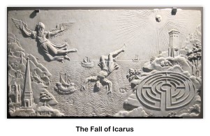17th-century relief depicting the fall of Icarus, with a Cretan labyrinth bottom right (Musée Antoine Vivenel) (photo via Wikipedia Commons)
