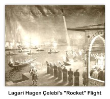 Lagâri Hasan Çelebis rocket flight depicted on a 17th century engraving. (image via Wikipedia Commons)